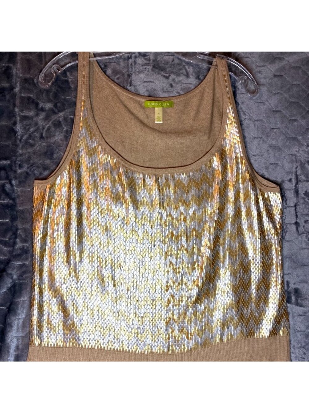 Sigrid Olsen Metallic Sequin Knit Tank Top XL Gold Silver Chevron Glam